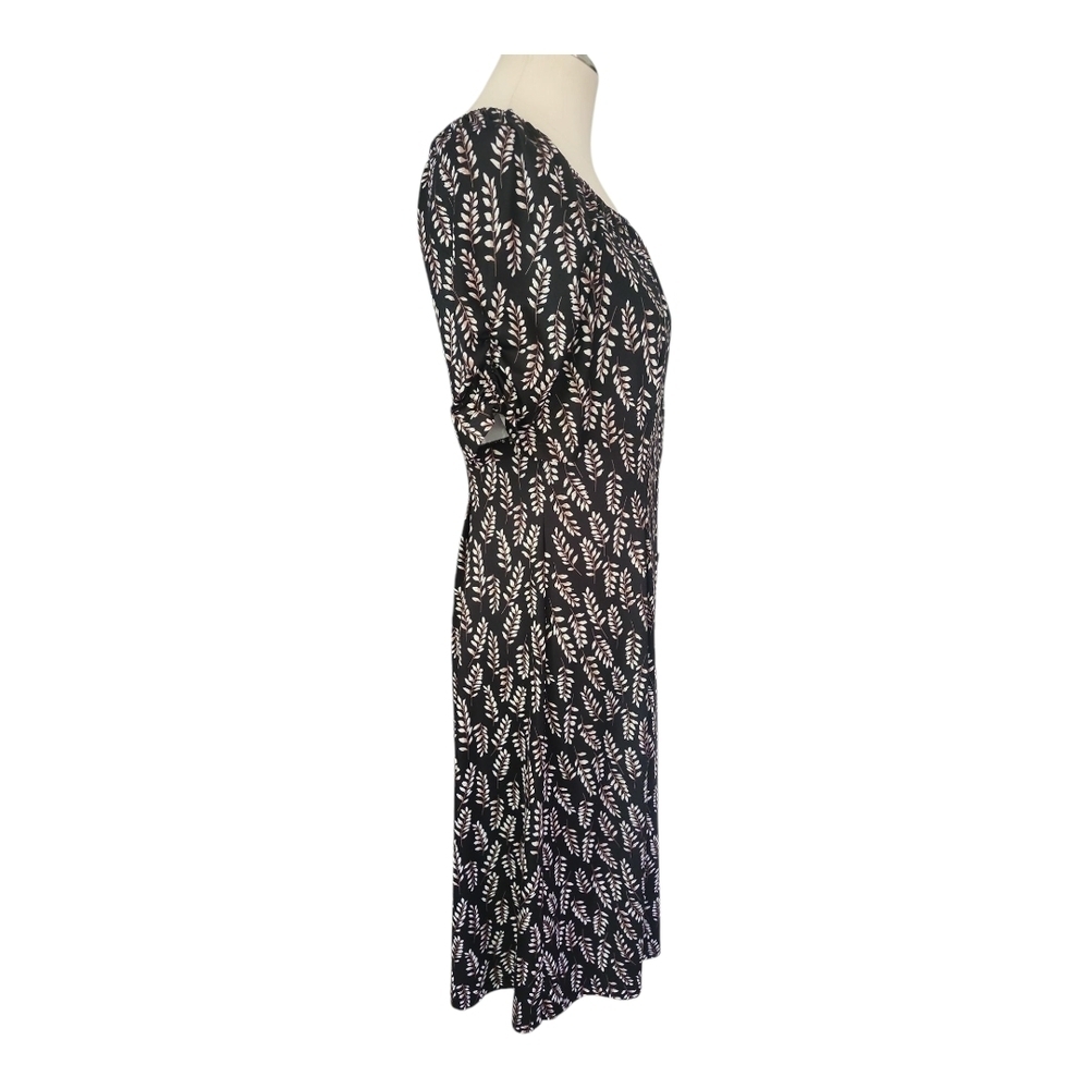 Allegra K Black Leaf Print Dress | Scoop Neck Stretch Knit Dress Size M - Picture 3 of 9